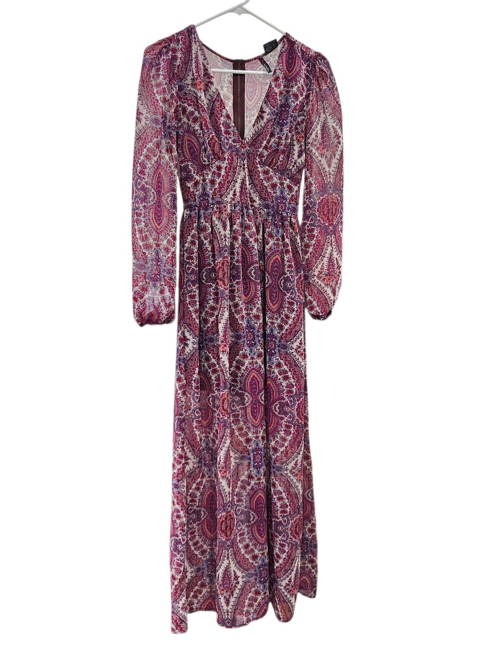 Fire Los Angeles Paisley Boho Maxi Dress Prairie Peasant Festival XS Poof Sleeve